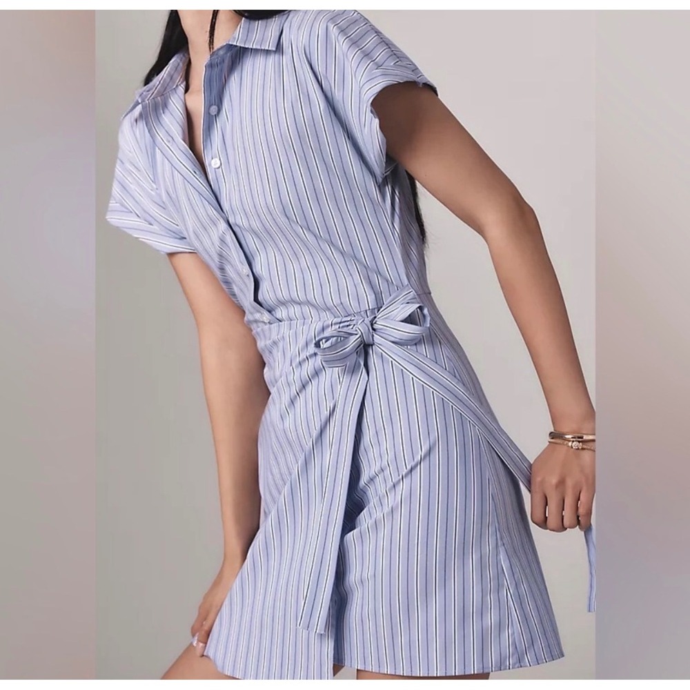 Maeve Anthropologie Button Front Wrap Mini Shirt Pinstripe Dress Preppy S - Picture 2 of 9